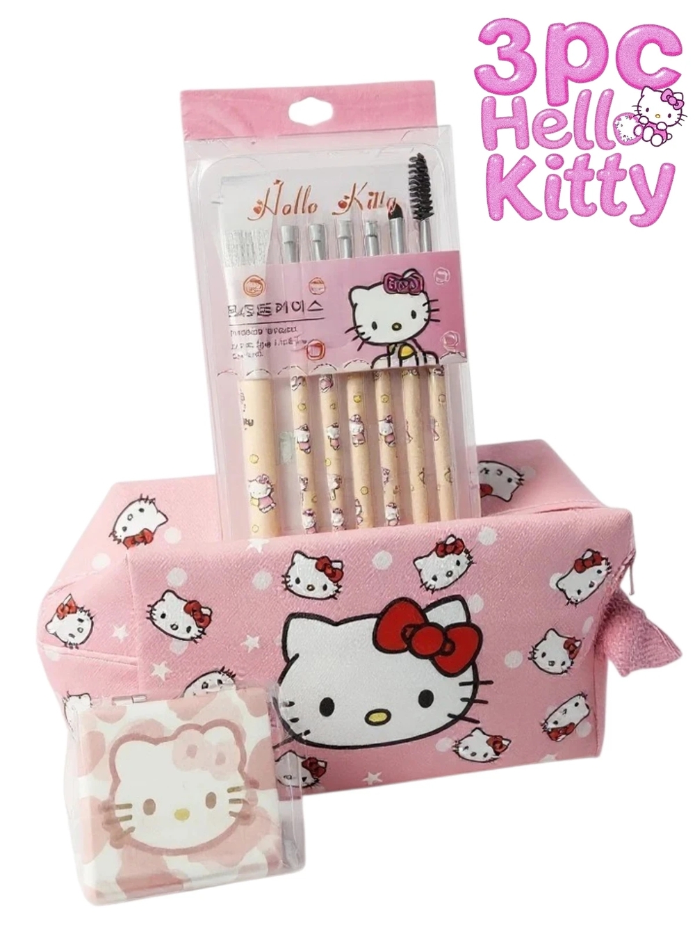 Hello Kitty Pink Makeup Brush Set with Makeup Pouch And Mirror